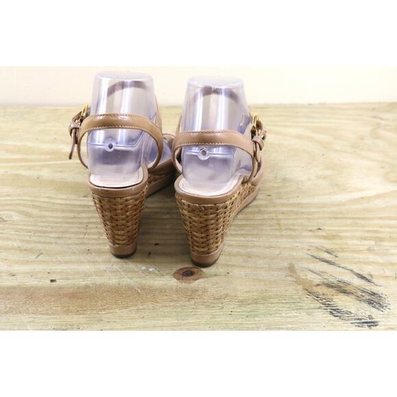 Prada Sandals 39.5 Brown Patent Leather Nude Vernice Wedge Buckle Shoes Italy - Picture 4 of 16